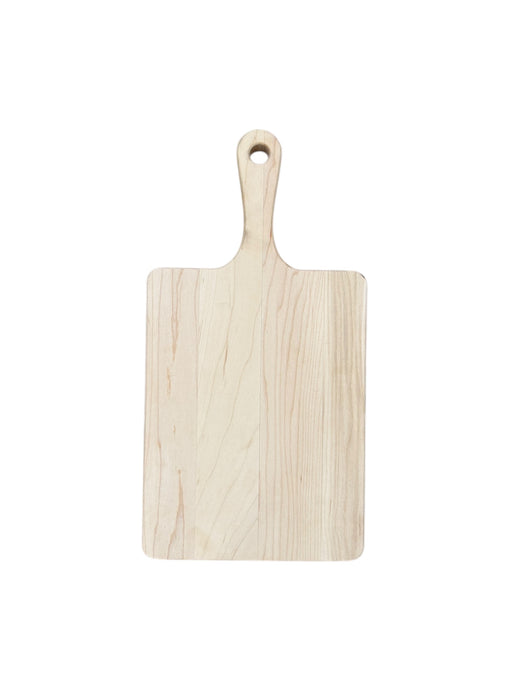 Wooden cutting board with handle on a white background