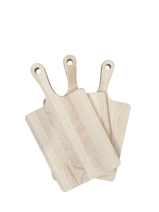 Three wooden cutting boards with handles on a white background