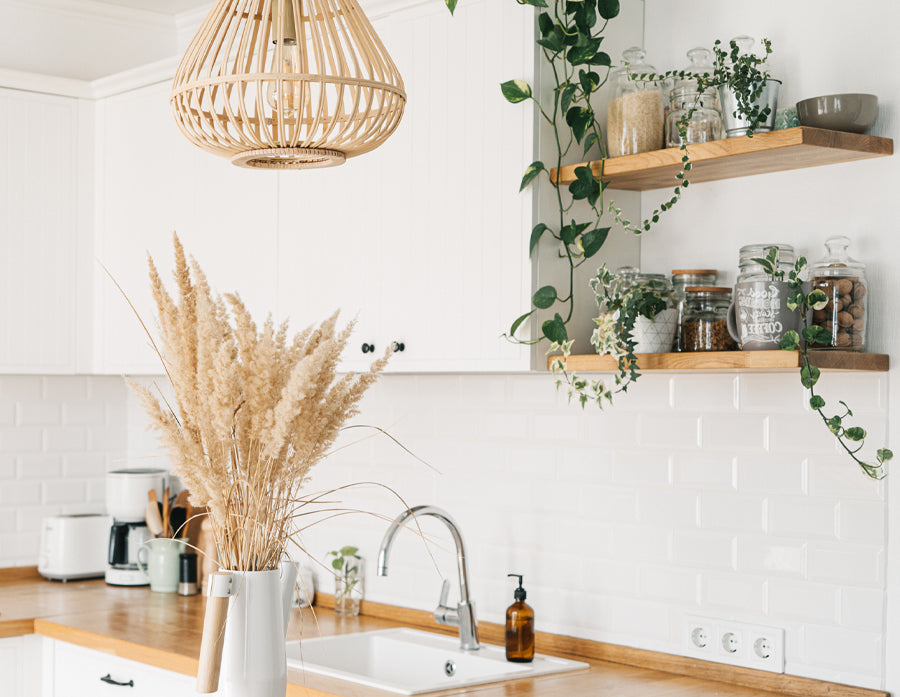 Cherry floating shelf in kitchen