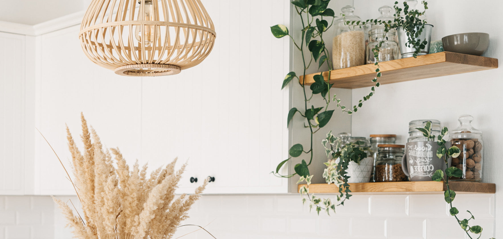 Cherry floating shelf in kitchen