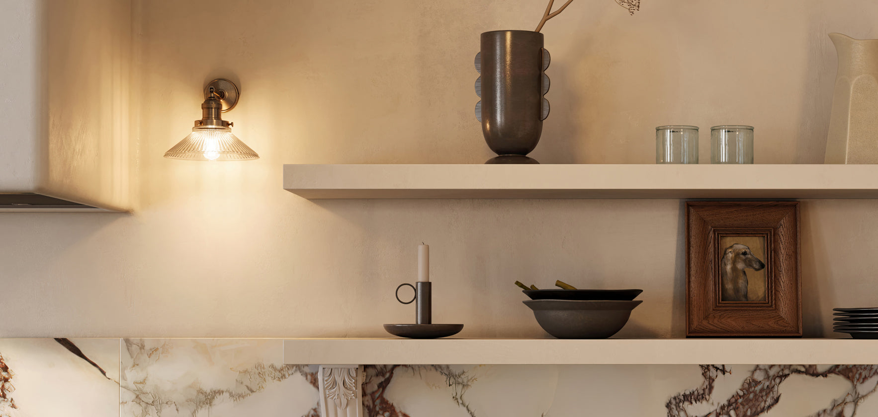 Poplar wood shelves in a kitchen