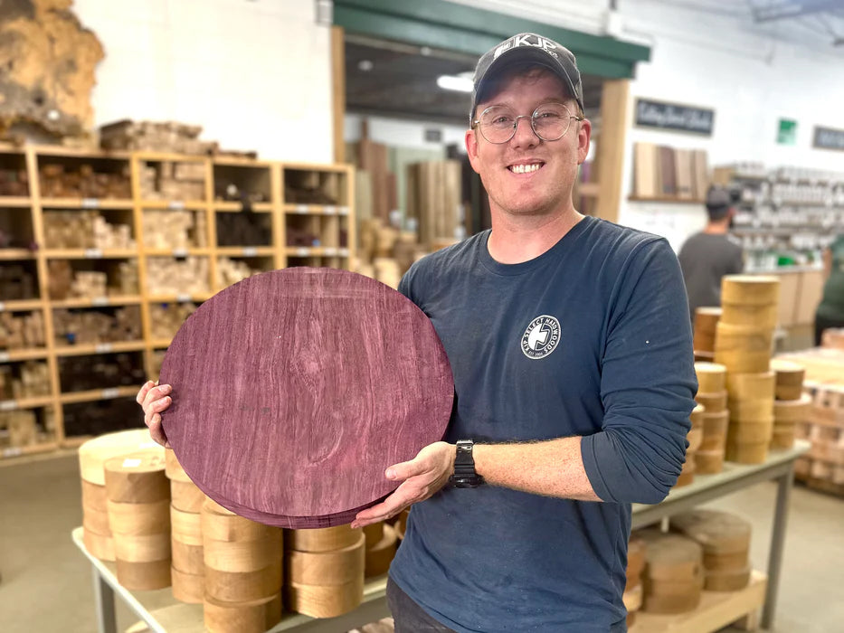 Jeffrey showing a purpleheart bowl blank