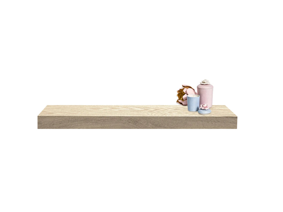 red oak floating shelf with a plant