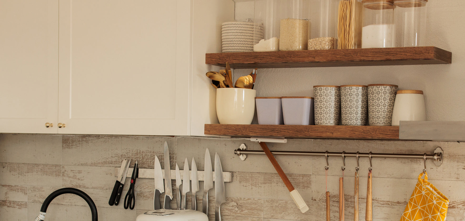 Roasted Ash shelves in kitchen