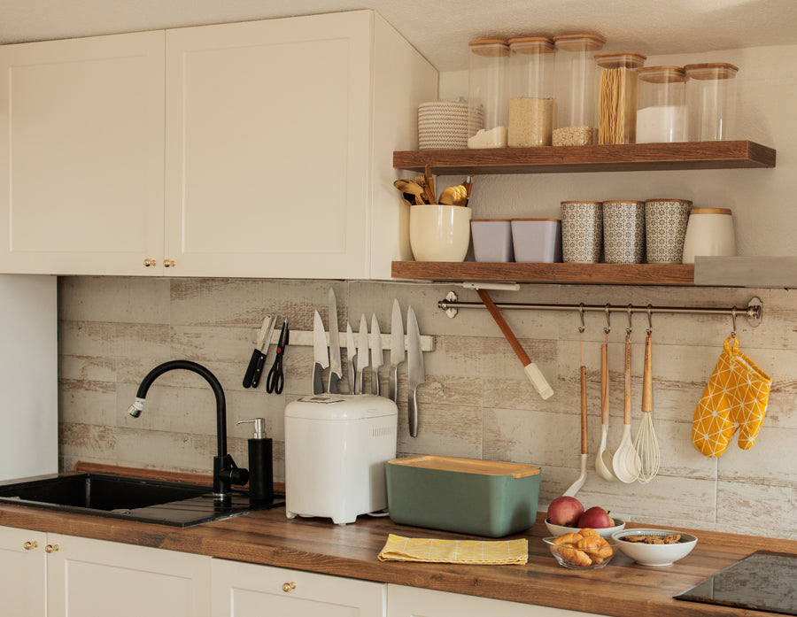 Roasted Ash shelves in kitchen