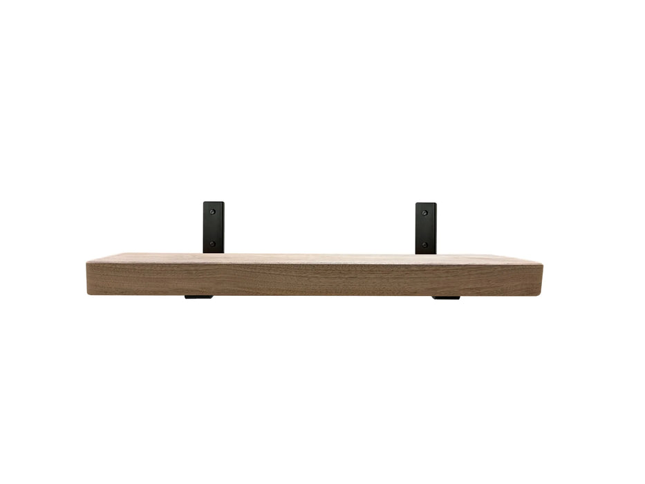 Heavy-Duty Black Steel L Shelf Bracket holding up a walnut shelf